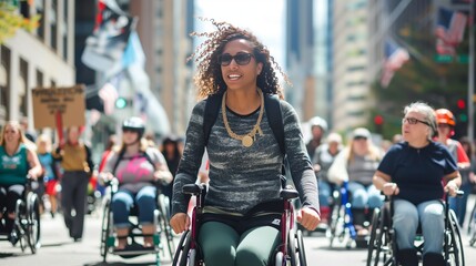 A woman leads a determined group in wheelchairs during a city protest, advocating for disability rights.