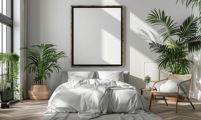 Modern bedroom with a blank picture frame