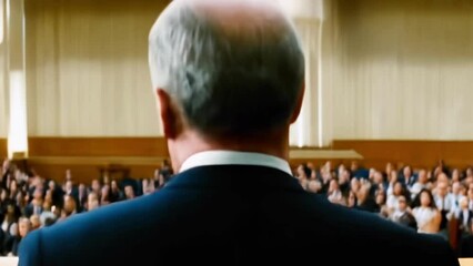 Bald Caucasian man speaker in a suit addressing a large audience in a formal hall. Concept of public speaking, leadership, presentation, corporate event. - Powered by Adobe