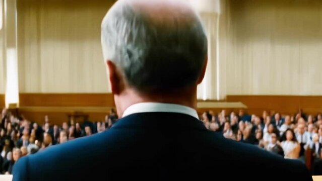 Bald Caucasian man speaker in a suit addressing a large audience in a formal hall. Concept of public speaking, leadership, presentation, corporate event.