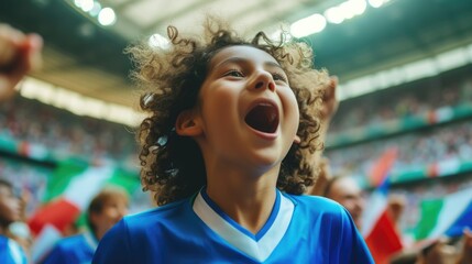 Happy fan at public event, waving Italian flag with a smile. AIG41