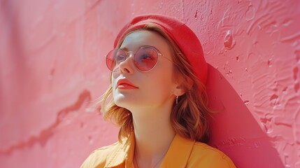 photo of a woman wearing glasses on a red background AI Generative