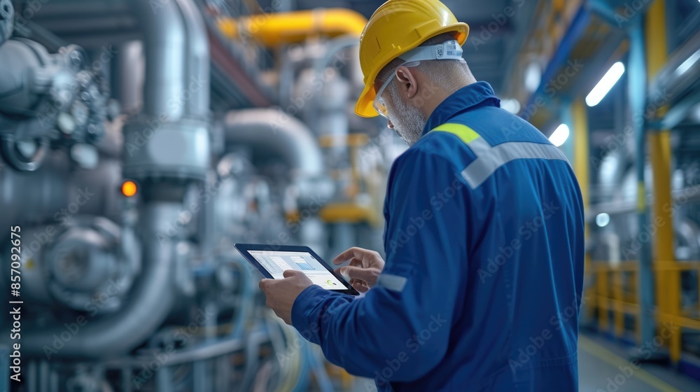 Poster smart engineer checking machine in factory while wearing safety helmet. aig42.