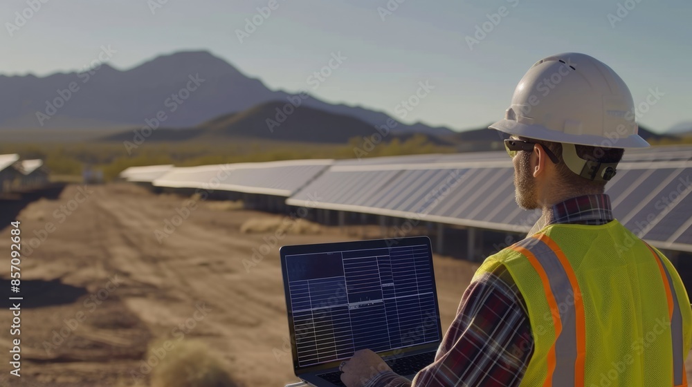 Poster skilled engineer working and analyze data by using laptop at solar cell. aig42.