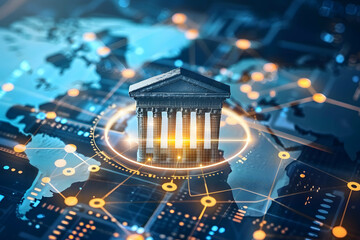 Bank on digital technology, online banking, virtual bank, a new type of commercial bank without branches, financial transactions in online, hologram bank icon on world map