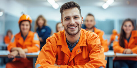 young man in orange mechanic uniform in classroom, concept of construction builder electrician plumber technician education training learning development 