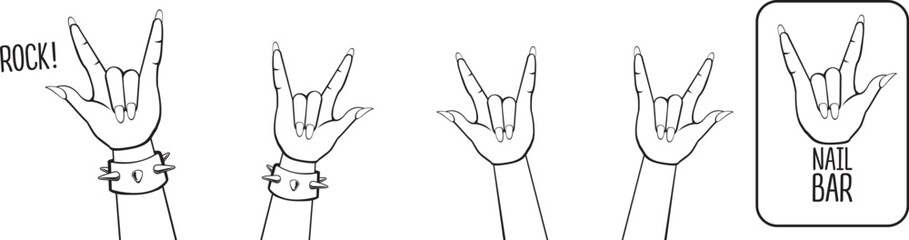 Female Hand in Rock Gesture set vector illustration. Heavy Metal and rock n roll Sign. Beauty studio and Nail bar Salon concept logo design template. Woman hands collection line art style