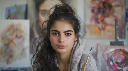 The close up picture of middle east artist drawing painting in workshop. AIG43.