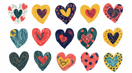 Hand draw abstract colourful hearts flat icon set