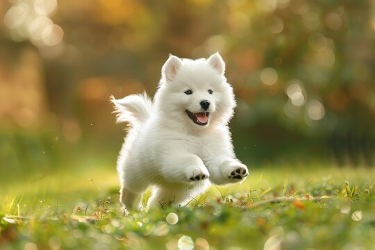 Energetic samoyed puppy running joyfully in meadow   playful beauty captured in high quality image