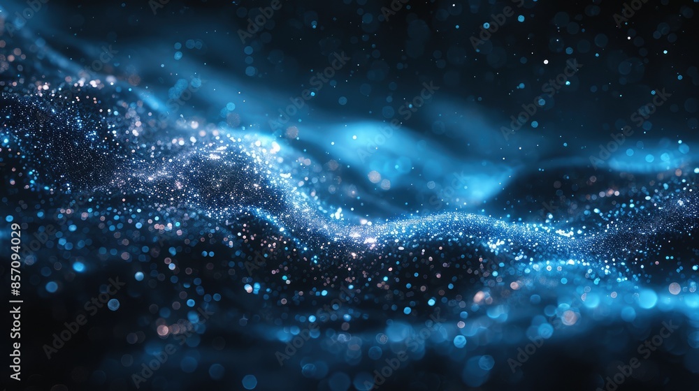 Poster blue and black glowing particles form an abstract background with a smooth and wavy surface aig535