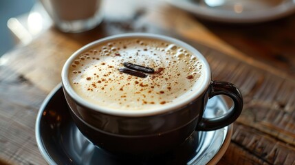 Obraz premium Close-up of a flat white coffee with vanilla bean garnish in a stylish cafe setting, ideal for coffee enthusiasts.