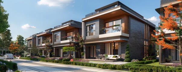 Obraz premium Modern townhouse with a rooftop terrace.