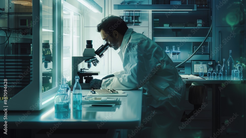Poster scientist is conducting examinations on samples using a microscope in a laboratory setting aig58