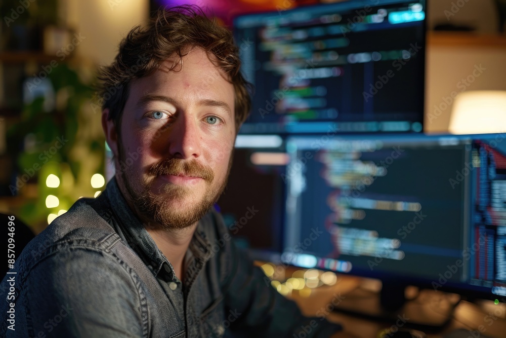Poster a man is coding in a tech environment, showing intense concentration and expertise aig58