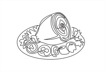 Meat with vegetables dish. Pork knuckle, meat on bone, pork and vegetable salad. One continuous line drawing. Food in a restaurant.  One Line Art isolated white background.