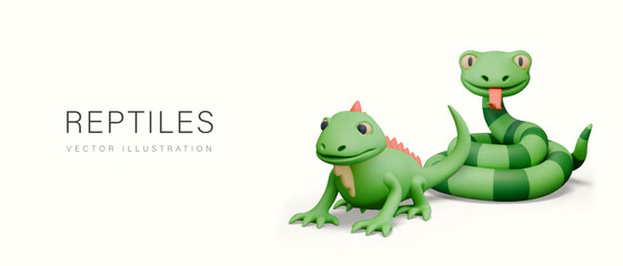 Group of reptiles on white background. Funny striped snake with sticking out tongue, green iguana