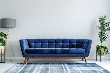 Living room interior modern design with blue sofa. 3D realistic style.