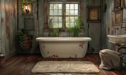 Rustic bathroom with a blank bath mat