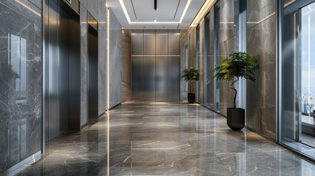 Elegant office lobby with open elevator doors, showcasing the polished metal finishes and marble floors.