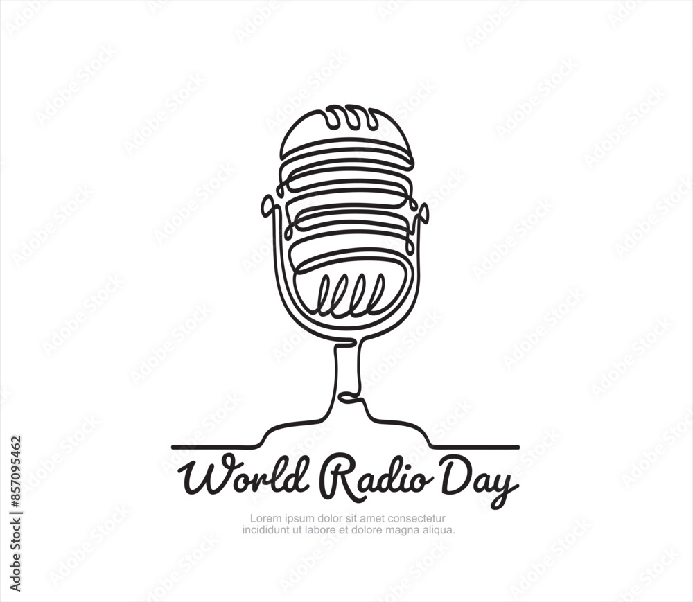 Poster continuous one line drawing of microphone. world radio day concept. continuous line draw design grap