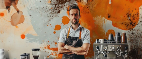 Barista standing with arms crossed in front of coffee machine