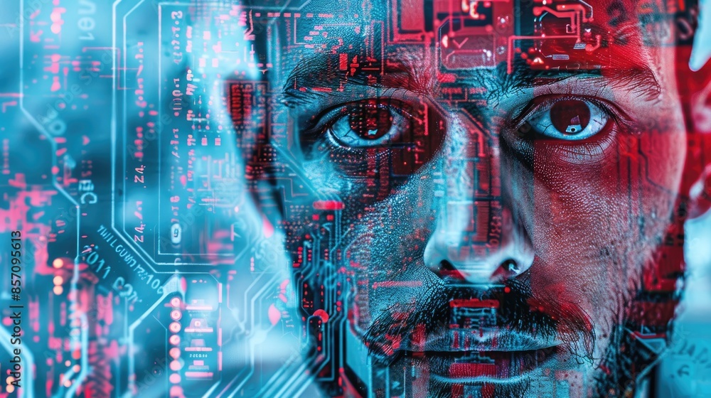 Poster the image shows a man's face with red and blue circuitry. the man is looking at the viewer with a se