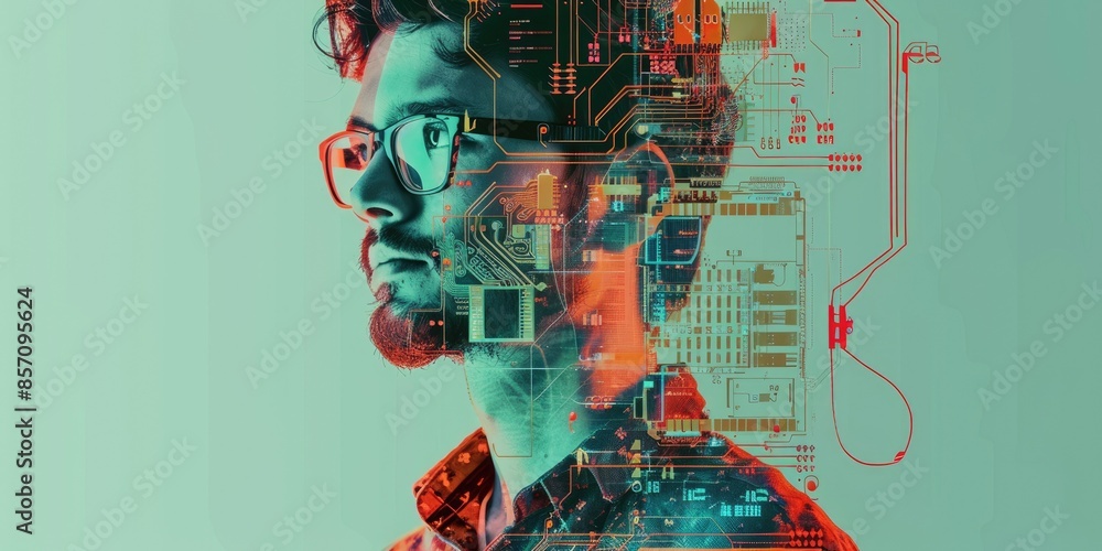 Poster the image shows a man with glasses. he is looking to the right. his face is partially covered by a c