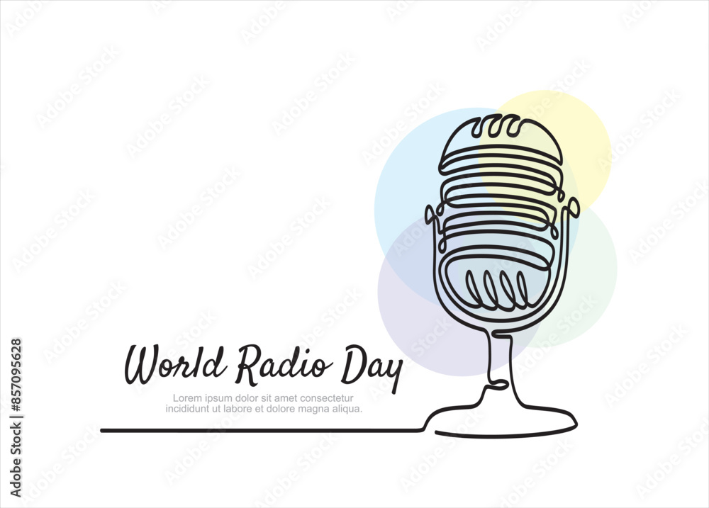 Poster continuous one line drawing of microphone. world radio day concept. continuous line draw design grap