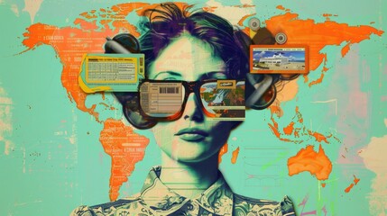 The image shows a woman wearing glasses with screens showing the world map