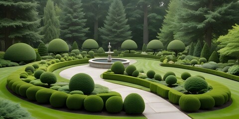 Obraz premium An isolated well-manicured lawn with trees in the background of the garden path or walkway visible in the foreground