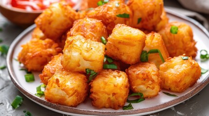 Plate of Homemade Fried Tater Tots in a Side View