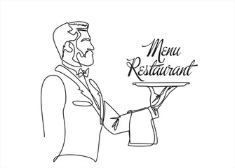 Continuous one line drawing of Waiter holding food tray with Restaurant menu. One line drawing. Restaurant menu concept. Menu food design. Vector	