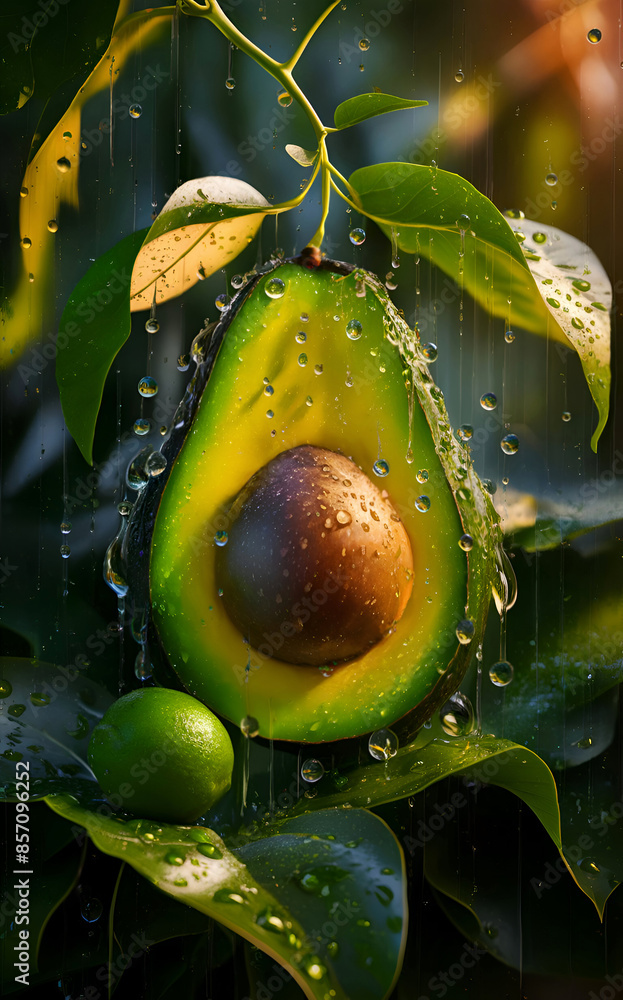 Wall mural ripe lime and avocado nestled on green leaves in garden with rain. close up. conceptual digital artw