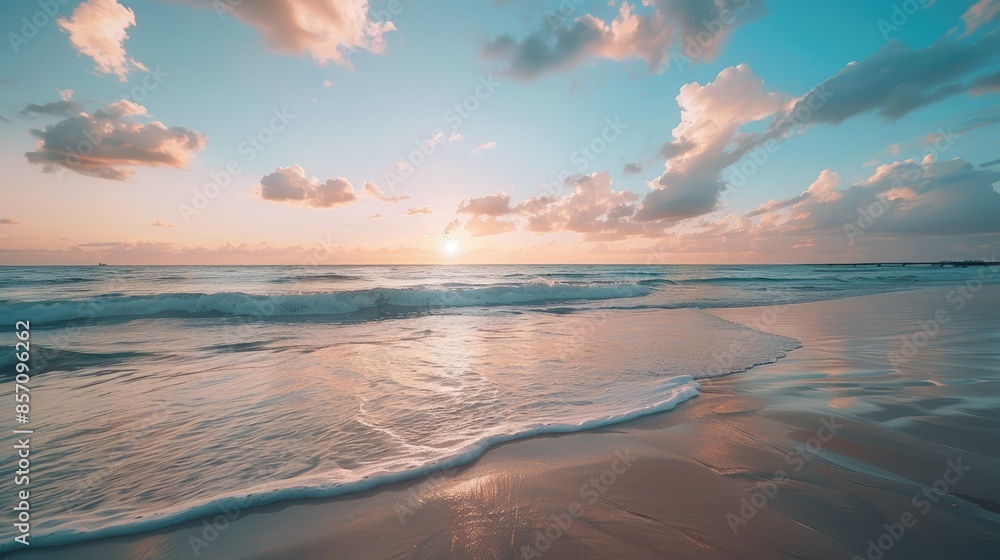 Wall mural peaceful beach at dawn with the sun rising and soft clouds in the sky, perfect for capturing a quiet