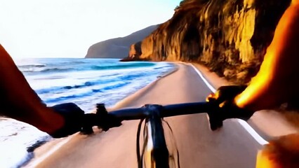 Perspective of a cyclist riding a bicycle on a scenic coastal road at sunset. Concept of cycling, adventure, landscape, fitness, point of view.