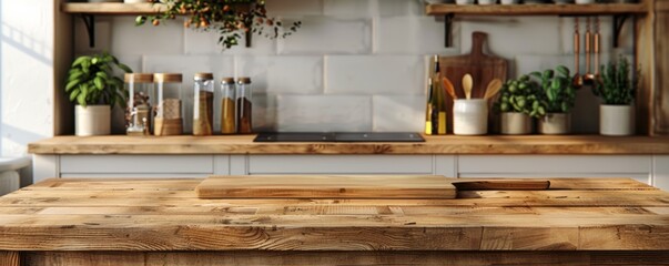 Rustic kitchen with a blank cutting board