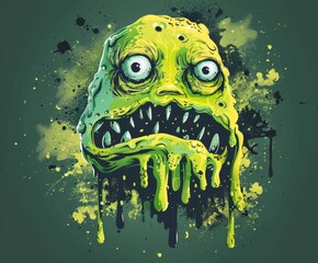 Green slime monster dripping with black background, terrifying cartoon illustration