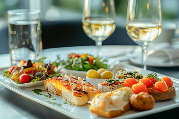 First class plane food, lunch on an aircraft, tasty and rich culinary experience while flying