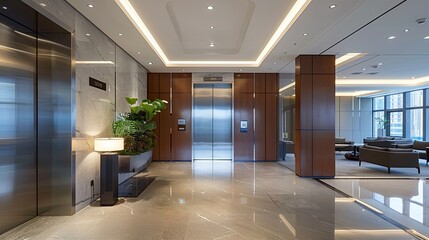 Sleek office lobby with open elevator doors, showcasing the sophisticated lighting and refined finishes