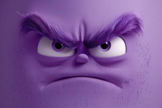 Close-up of a purple cartoon face with a frowning expression and furrowed eyebrows