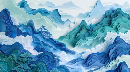 Obraz premium Green and white paper cut landscape illustration poster background