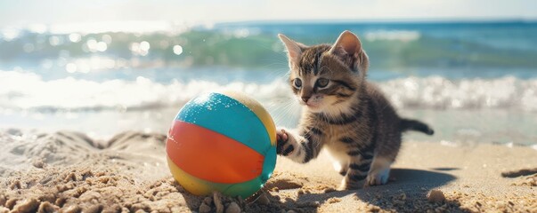 Fototapeta premium A cat playing with a colorful beach ball on a sandy shore with waves in the background.