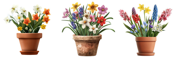 Set of Spring Season Flowers in a Pot Embellishment Isolated on Transparent or White Background, PNG