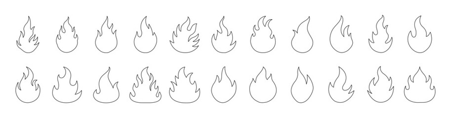 Editable Stroke Fire Icons Collection. Fire Flame Symbol Flat Style Vector Illustration. Campfire Bonfire Danger Heat Warm Sign Design Element Outline Icon Set