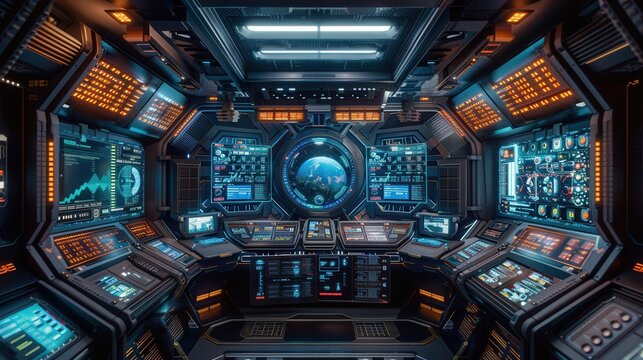 A futuristic spaceship interior with advanced controls and screens, illustration background