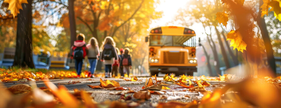Wide-angle view of joyful school children, vibrant autumn leaves flanking the scene, blurred yellow school bus in the background, warm sunlight filtering through, evoking a back-to-school spirit
