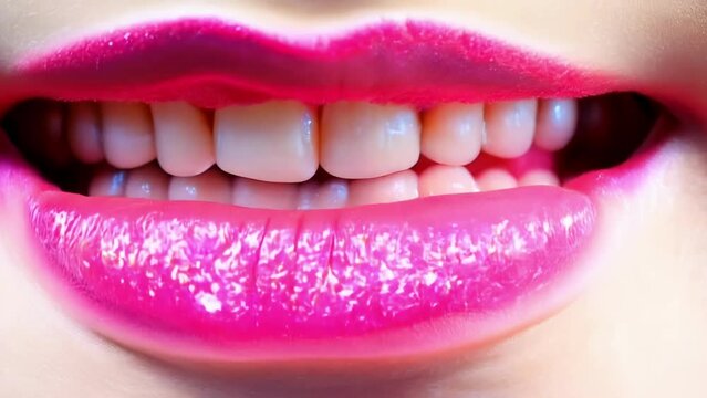 Close-up of luscious glossy female lips with bright pink lipstick. Concept of makeup, beauty, glamour, cosmetics.