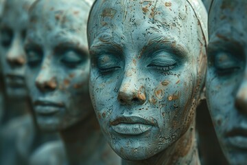 A close-up of several rustic statues with closed eyes, their surfaces peeling, suggesting a theme of decay and timeless contemplation in an abstract setting.