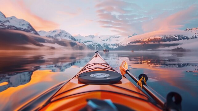 Kayak journey on tranquil mountain lake at sunrise with reflection.